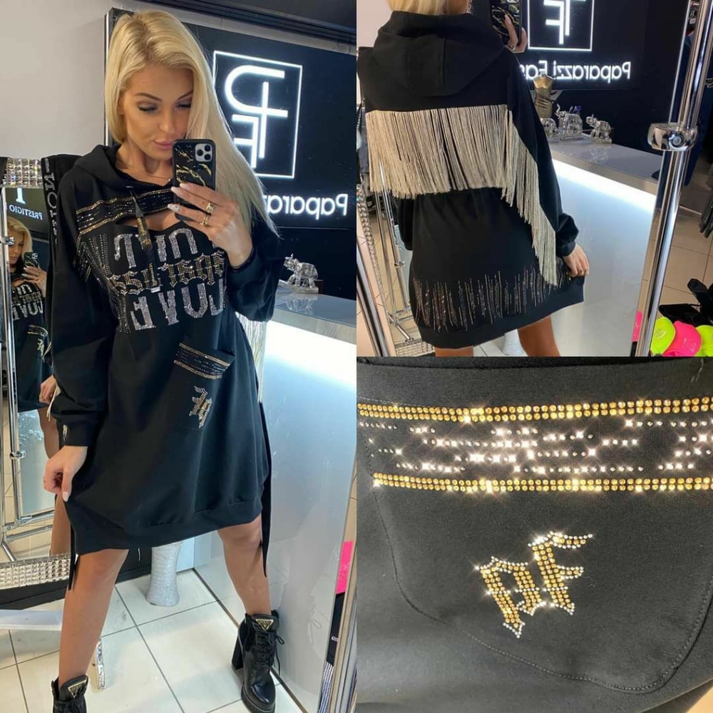 BLACK FASHION WOMEN DRESS WITH FRINGE PAPARAZZI FASHION